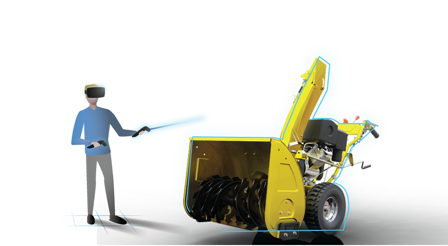 Utilisateur en réalité virtuelle explorant et interagissant avec la conception mécanique d'une machine industrielle grâce à SimLab VR.