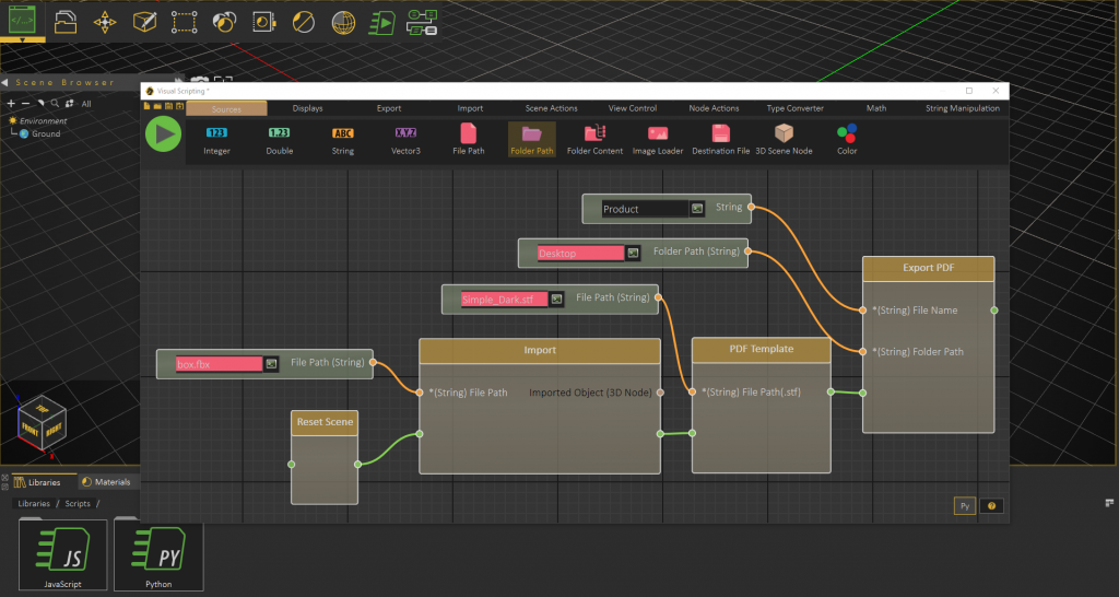 Aperçu du Script Visuel dans SimLab Interface de script visuel de SimLab montrant la création d'un workflow pour importer un fichier 3D, appliquer un modèle PDF et exporter un fichier interactif