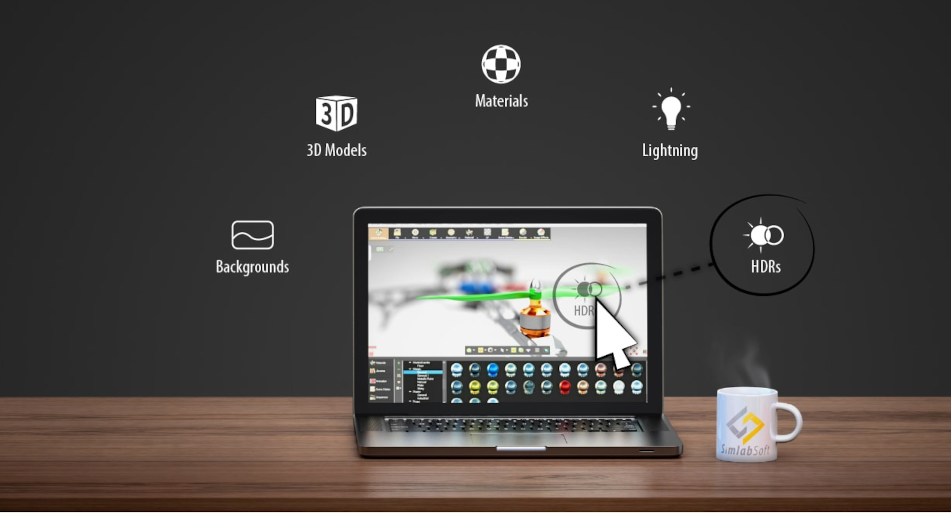Interface de SimLab Composer montrant un ordinateur portable avec des bibliothèques de préréglages, incluant modèles 3D, matériaux, éclairages, HDRs et arrière-plans