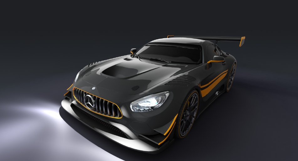 Rendu 3D réaliste d'une voiture sportive vue de face, avec des lignes élégantes et des détails accentués, créé avec SimLab Composer